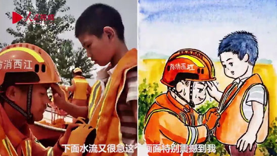 全职妈妈手绘消防员抗洪救援漫画:希望去时无畏归时平安